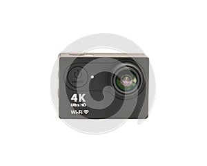 Close-up black Ultra HD, 4K action camera isolated