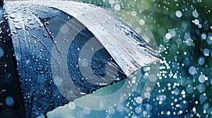 Close up, black umbrella under rainfall against a background of water droplets splashing. Concept of rainy weather.