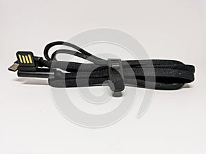 Close up black usb cable C type isolated on white background.