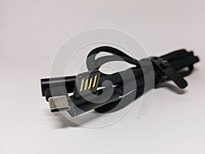 Close up black usb cable C type isolated on white background.