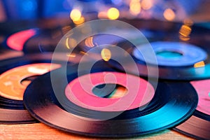 Close-up of black vinyl record, analogue retro music concept, audio impressions, relaxation, musical enjoyment, vintage