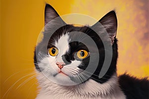 Close up of black and white cat with orange eyes, created using generative ai technology