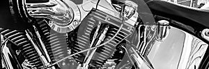 Close up black and white classic motor bike engine