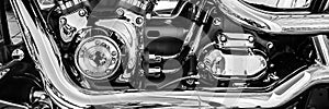 Close up black and white classic motorcycle exhaust
