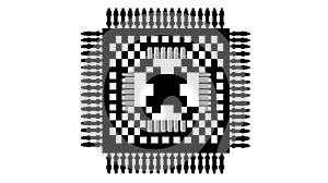 Close-up of a black and white computer processor chip with many pins on a white background.