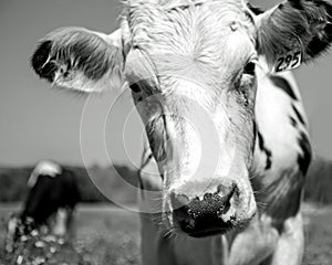 Close-up of black and white dairy cow, Shallow DOF, BW