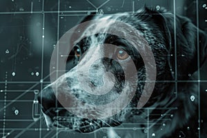 Close-up of a black and white dog's face overlaid with a futuristic digital network interface