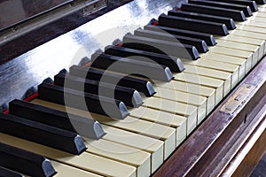 Close up of black and white keys of a vintage piano.