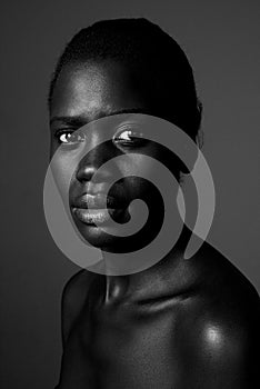 Close up black and white photo of african american woman