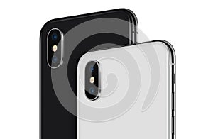 Close up black and white rotated smartphone similar to iPhone X back sides with camera modules cropped