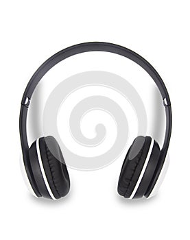 Close up black and white wireless headphones isolated on white background with clipping path. Wireless headphones di cut with path