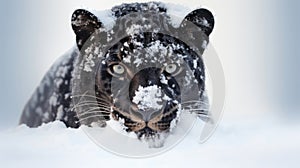 Close-up of black wild panther on snow in the nature, wild animal