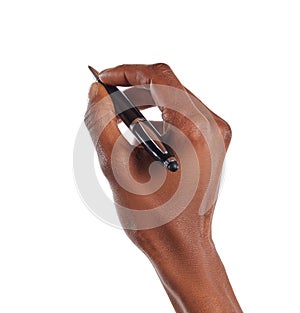 Close up of black woman hand writing with pen isolated