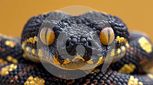 A close up of a black and yellow snake with big eyes, AI