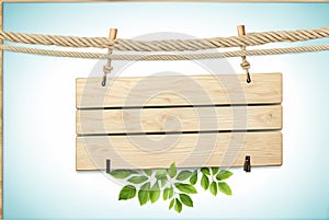 Close-up of blank hemp rope wooden notice board