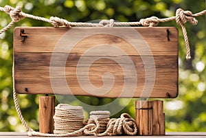 Close-up of blank hemp rope wooden notice board