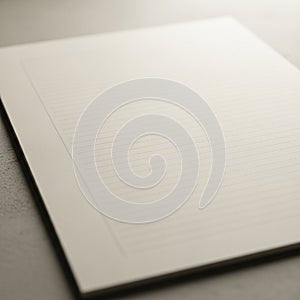 A close-up of a blank, lined notepad on a smooth, light gray surface. The notepad is oriented at a