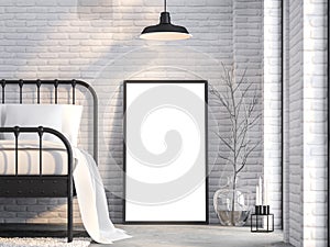 Close up blank picture frame in loft bedroom 3d render photo