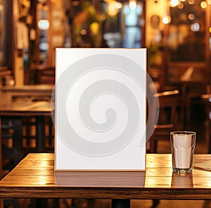 close-up blank poster on cafe table mockup, in the style of silver, abrupt, portrait, lively tavern scenes