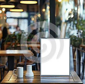 close-up blank poster on cafe table mockup, in the style of silver, abrupt, portrait, lively tavern scenes