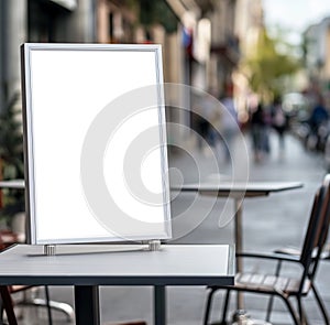 close-up blank poster on cafe table mockup, in the style of silver, abrupt, portrait, lively tavern scenes
