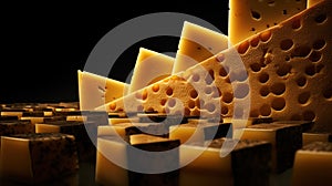 A close up of a block of cheese with cubes on it, AI