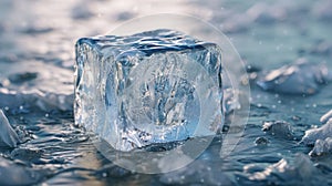 Close-up of a block of ice, showcasing its texture and clarity on the surface. Ai Generated