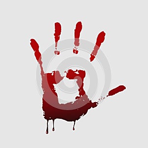 Close up of bloody handprint on white background.