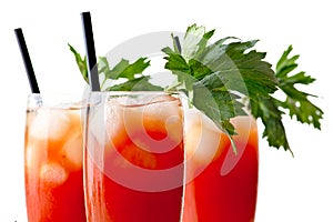 Close up of bloody mary with ice cubes on white background