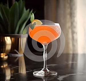 Close up of bloody orange alcohol cocktail in a a stylish wine glass in an interior of a modern kitchen. Trendy refreshing italian