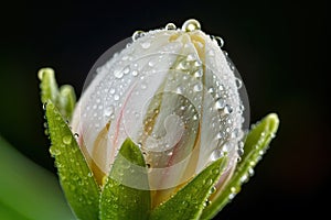 close-up of a blooming flower bud, with dew drops on the petals