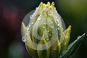 close-up of blooming flower bud, with droplets of dew on the petals