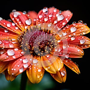 Close-up of a blooming flower with dew drops. Dew drops on petals, macro shooting and landscape modes. Generative AI