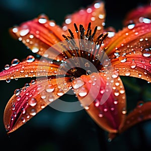 Close-up of a blooming flower with dew drops. Dew drops on petals, macro shooting and landscape modes. Generative AI