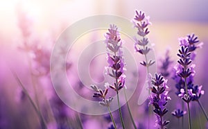 Close-up of Blooming Lavender, Sunset Lights.