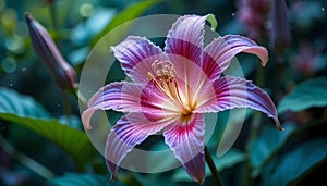 A close-up of a blooming pink lily with six striped petals, transitioning from deep photo