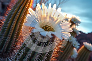 close-up of a blooming saguaro cactus at sunset