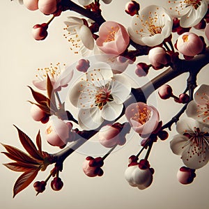 Close-up of a blossoming apple tree branch, Bright spring colors, cute, minimalist nature studies, dark amber and sky blue