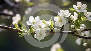 Close-up of blossoming tree branch, with several white flowers. These beautiful blooms are in full view and appear to