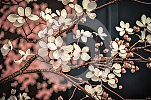 close-up of blossoming tree, with dogwood blooms in the background