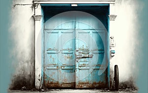 Close-up of a blue big old wooden door, ai generated