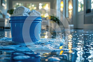 Close-up of a blue bucket and white towels on a freshly mopped floor. photo