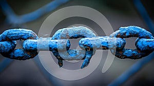 A close up of a blue chain with rust on it, AI