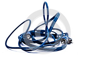 Close up of blue colored wire or cable isolated on white