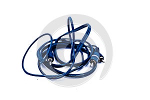 Close up of blue colored wire or cable isolated on white