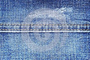 Close up blue denim texture with double thread sewing patterns , jeans fabric for background