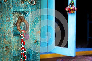 Close up blue door, Bhutan style door entrance