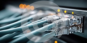 Close-up of blue ethernet cables plugged into a network switch with blinking lights
