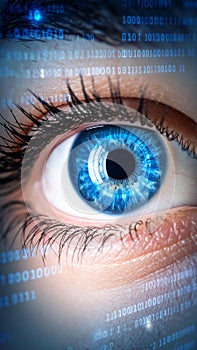 Close up of a blue eye with digital binary code overlay, concept of technology and data