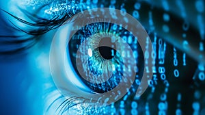 A close up of a blue eye with a digital pattern surrounding it